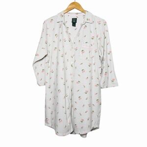 Laura Ashley Womens Sleep Shirt Size L Cherry Print‎ Button Nightshirt Pink Cozy